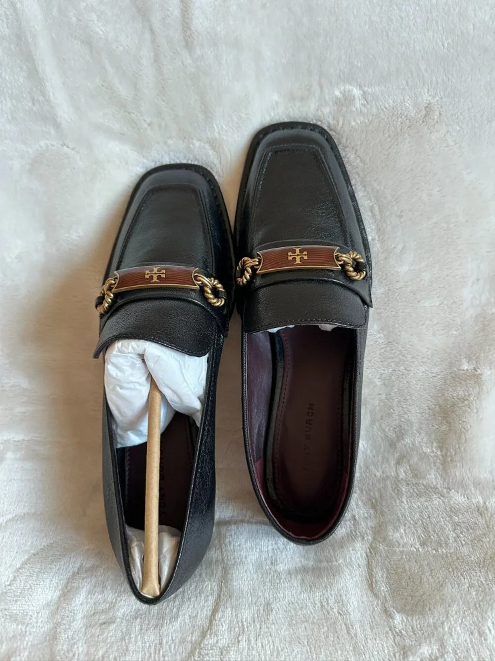 NIB Tory Burch Perrine Loafer Shoes Square Toe Logo Leather In Black Size 7